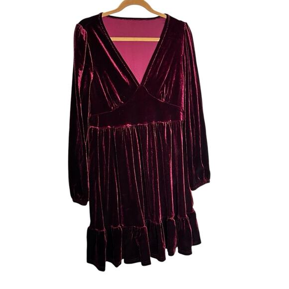 NWT Halara Everyday Deep V Neck Long Sleeve Ruffled Hem Velvet Mini Party Dress - Picture 3 of 6
